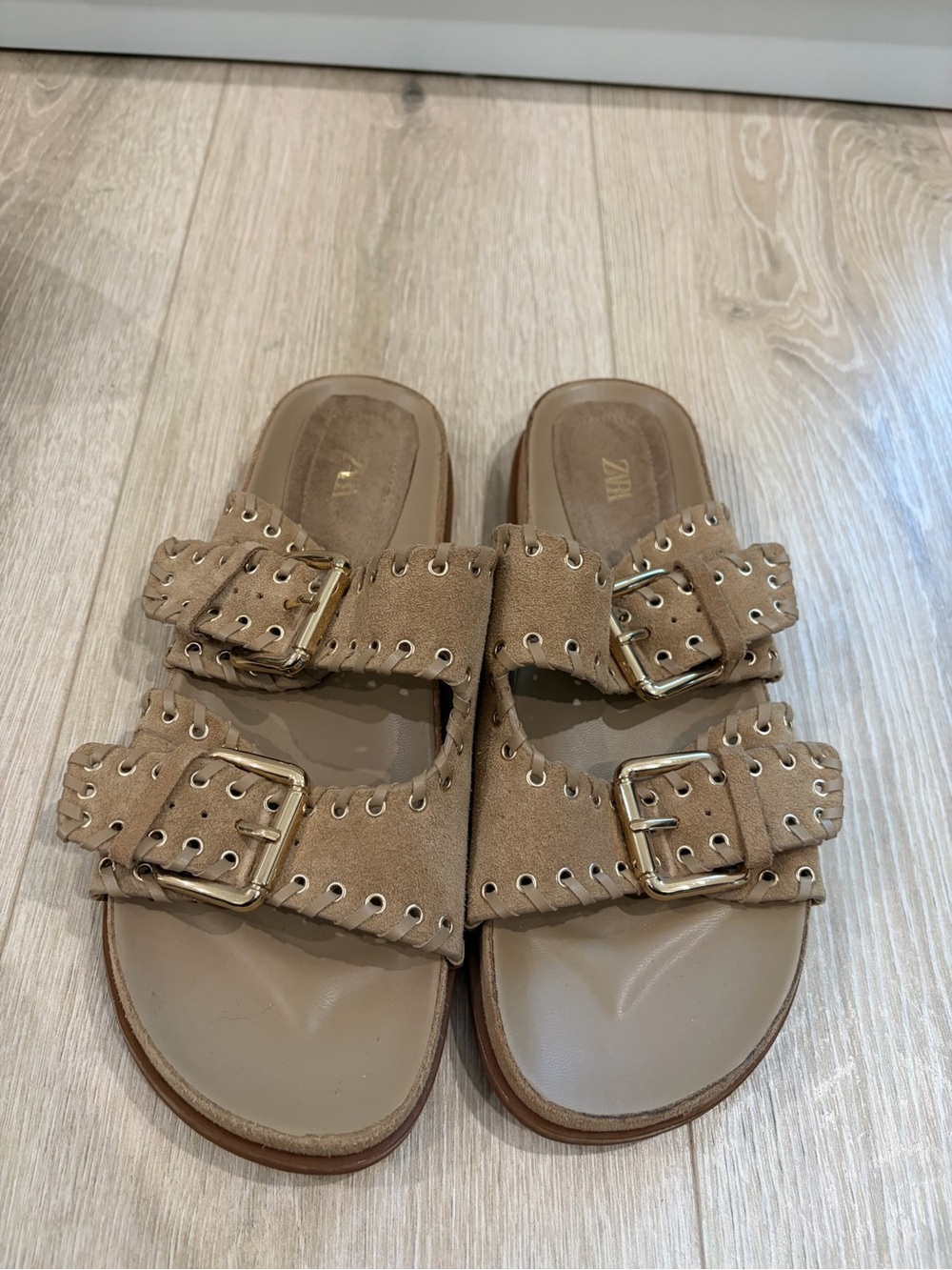 Zara Tan Suede Double-Buckle Slide Sandals with Gold Hardware